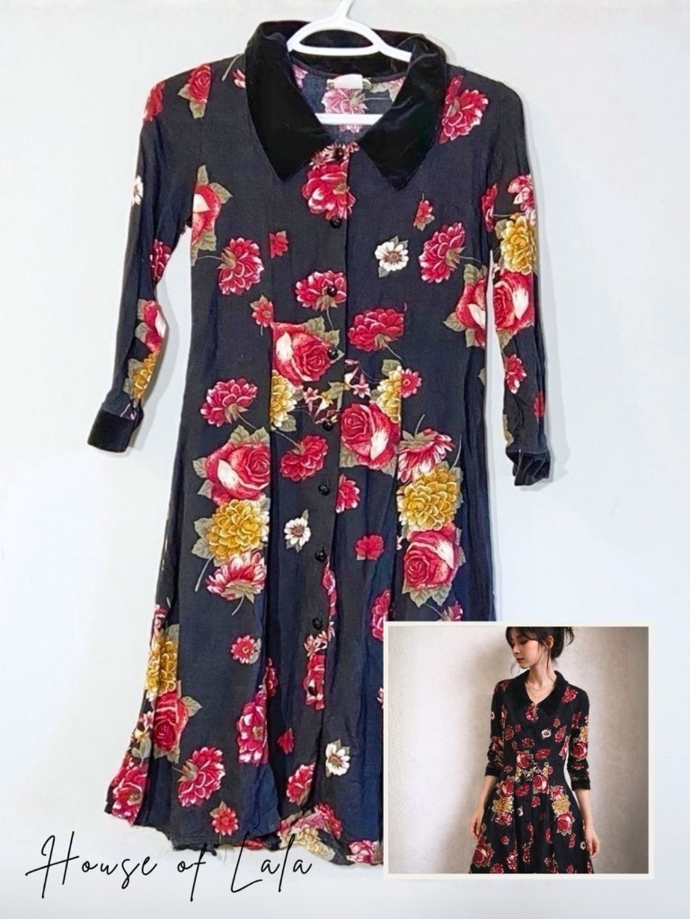 Black floral velvet collar mini dress
